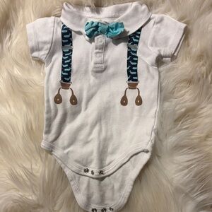 White Baby Onesie with Blue Bow Tie and Suspenders